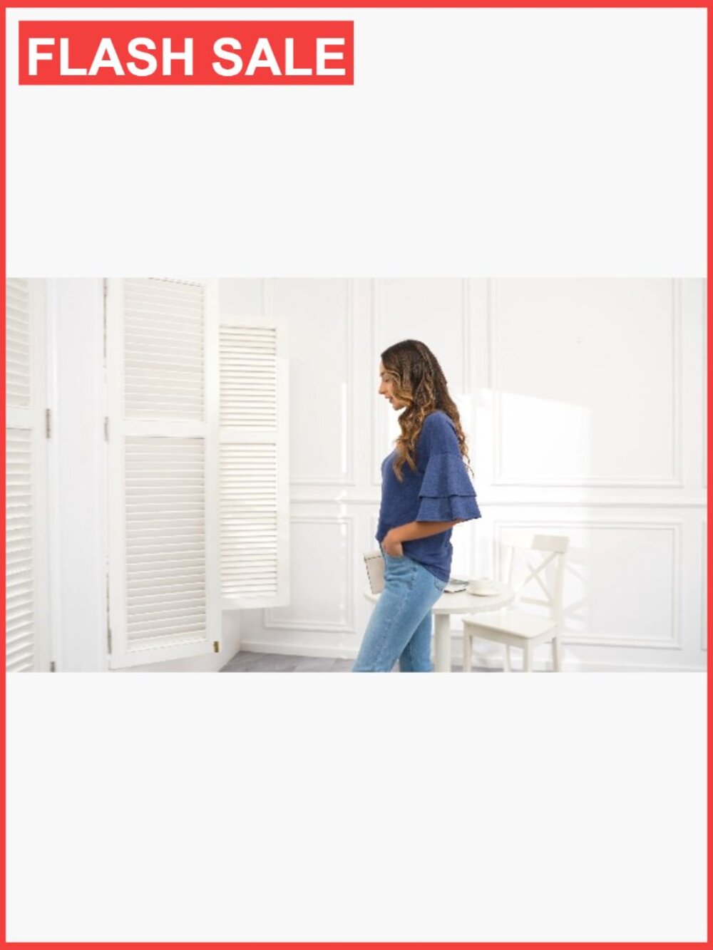 Ruffle Bell Sleeve V-Neck Blouse, 3/4 Sleeve, Polyester Spandex Rayon Blend - Picture 7 of 7
